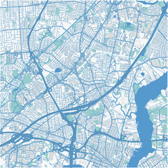 Map of Woodbridge in New Jersey in a professional blue style. Contains layered vector with roads water, parks, etc.