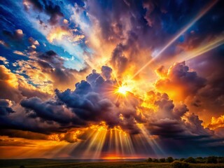 Obraz premium Dramatic Sun Rays Piercing Dark Storm Clouds - Surreal Landscape Photography