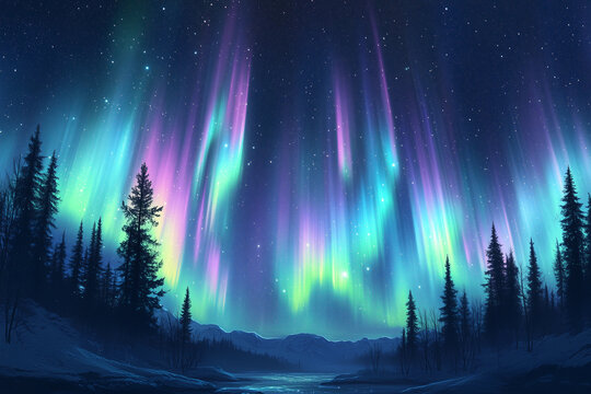 a painting of a night sky with aurora lights and trees in the foreground and a mountain in the background