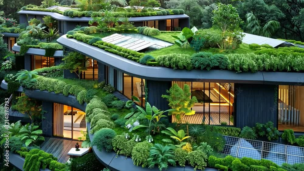 Aufkleber this innovative architectural design features multiple levels adorned with vibrant greenery, solar p