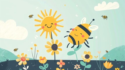 Naklejka premium Vibrant Summer Season Sun with Bees Animation Flat Vector Illustration