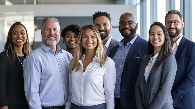 Businesspeople of diverse backgrounds dance and celebrate in an office event, showcasing unity and success.