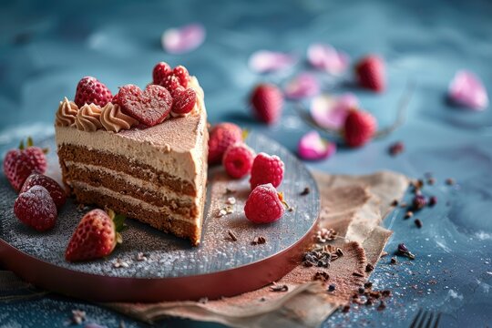 Decadent Slice of Layered Cake with Cream, Fresh Raspberries, and a Heart Decoration on a Moody Blue Background