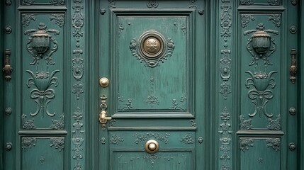 Fototapeta premium A close-up photograph of an intricately carved and ornate green door with multiple brass doorknobs.