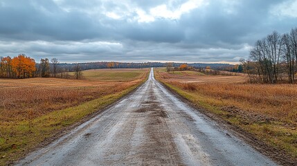 Fototapeta premium A dirt road leading to a distant horizon surrounded by fields of grass and trees under an overcast sky.