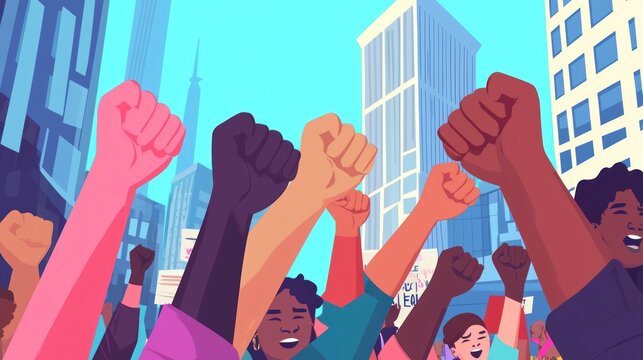 Diverse hands raised in protest with buildings in the background