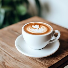 Fototapeta premium Coffee cup with latte art on a wooden table, surrounded by greenery.
