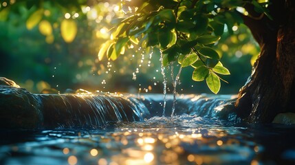 Holy water stream flowing through a lush green forest, symbolizing purity and spiritual renewal during Vijaya Ekadashi. High quality illustration