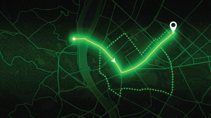 green neon GPS road map of Budapest with the arrow that moves to the point of destination