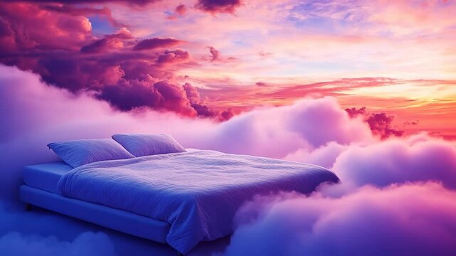 Serene bed floating above soft clouds at sunset surrounded by vibrant colors and tranquil atmosphere