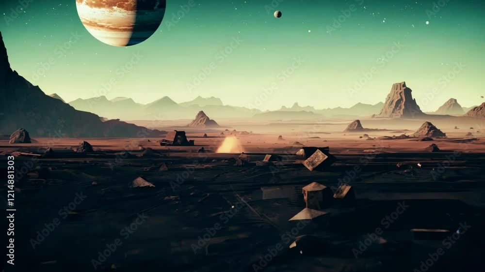 Poster retro-futuristic alien landscape featuring a distant planet and moons above a barren terrain with ro