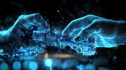 Two glowing blue hands are exchanging digital data represented by a complex technological structure, symbolizing the transfer of information in a futuristic and interconnected world