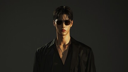 Obraz premium Elegant Man in Black Suit with Striking Jawline and Cinematic Lighting as Ultra-Detailed Close-Up Portrait