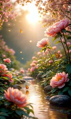 Idyllic Garden with Lush Pink Blossoms and Tranquil Water Reflections
