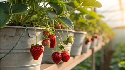 Ripe Strawberries Growing in Pots Greenhouse Farm Agriculture