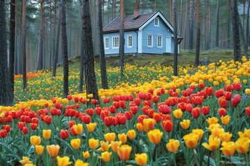 A serene forest scene featuring a charming blue house surrounded by vibrant tulips in red and yellow.
