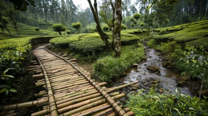 A bamboo bridge crosses a small stream in a vibrant green tea plantation surrounded by lush vegetation ideal for travel ads
