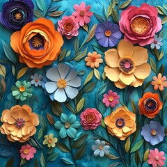 a vibrant and colorful floral arrangement featuring paper flowers of various shapes and sizes, set against a blue background with subtle shadows.