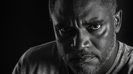 Obraz premium Eyes of Intensity: Cinematic Black-and-White Portrait of Focused Man with Tensed Arms