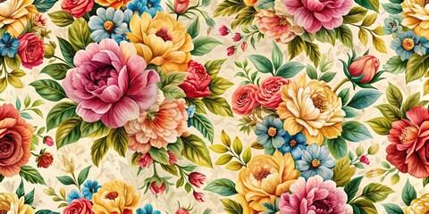 Seamless floral textile design: a charming spring/summer print with repeating botanical illustrations.