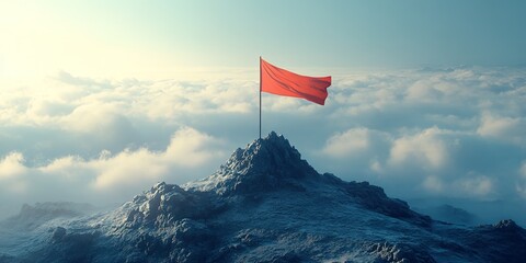 A mountain summit photo with a ribbon flag planted at the peak