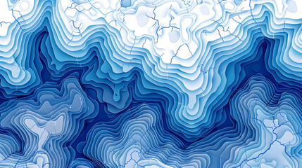 Abstract Blue Topographic Contour Lines Background Creates a 3D Effect Design, Layered Blue Waves.