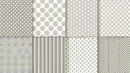 Seamless geometric textures in minimalist gray: delicate dots and stripes.