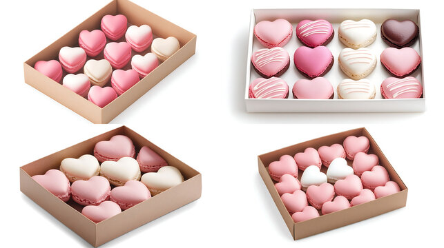 A box of heart-shaped macarons with pink and white frosting, isolated on white background in HD .-# Create, explore, and organize on [midjourney.com](<https