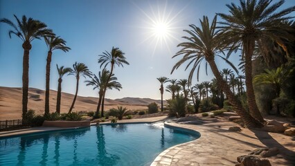 Fototapeta premium Oasis Pool Desert Palm Trees Luxury Resort Sunny Day