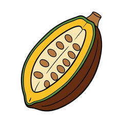 A ripe cocoa fruit cut in half, revealing its vibrant white pulp and neatly arranged seeds inside, surrounded by a thick, textured outer shell.