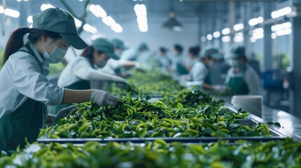 A group of workers in uniform carefully inspecting fresh tea leaves on a production line showcasing tea processing and quality control
