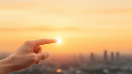 A hand's gentle touch, connecting with the vibrant pulse of the cityscape below hand