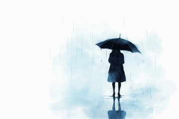 A watercolor painting of a person standing in a rainstorm with a broken umbrella, surrounded by muted grays and blues