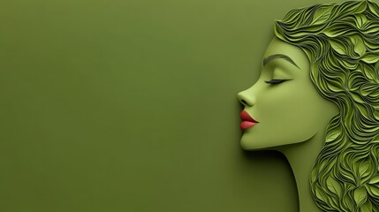 Green Goddess: A captivating profile of a woman sculpted in vibrant green with delicate leaf-like patterns entwining her hair, a serene and enigmatic beauty against a monochrome green background.