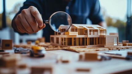 engineer use magnifying glass inspecting construction new house.inspecting construction and quality assurance new house. Engineers or architects or contactor work to build the house.