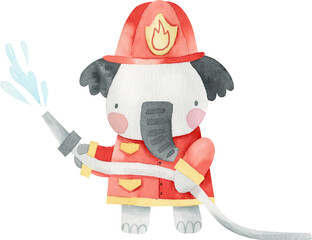Watercolor illustration of cute elephant firefighter putting out fire with water hose. Animal firefighter cartoon character for kids. Emergency. Professions for kids.