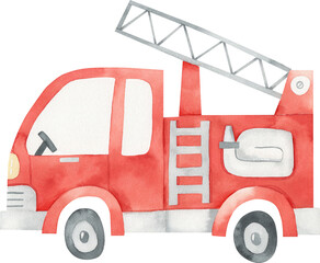 Red fire truck in cartoon style. Watercolor hand-drawn illustration of a red truck car. Cute illustration for kids. Fireman. Boho. Fire rescues. Emergency. Isolated.