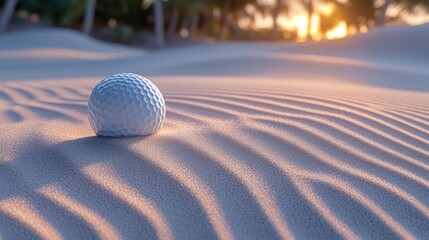 Golf ball in sand trap, sunset, tropical beach