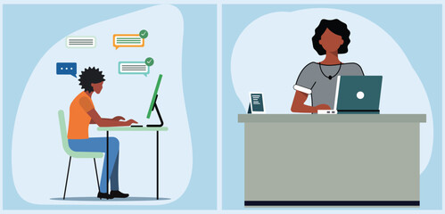 A person working at a computer with chat bubbles and task checks, another using a laptop at a desk. Ideal for business, technology, Remote work, Hybrid work environments, and productivity themes.