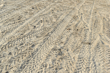 Tire tracks imprinted on sandy terrain. Pattern of vehicle tread marks on dry sand. Off-road vehicle tracks in a sandy environment.