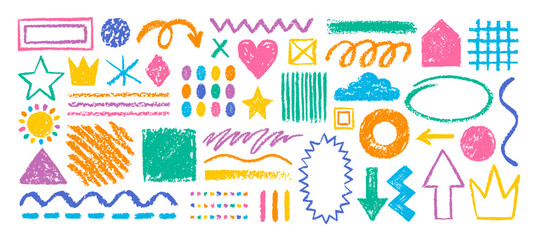 Crayon pencil vector set. Color lines and shapes with brush texture. Doodle paint background with chalk hand drawn elements. Sketch kid scribble, abstract children bg. Crayon shape, arrow circle heart