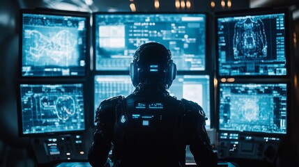 High-Tech Control Room with Holographic Screens and Advanced Systems