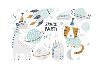 Vector set with soap giraffe and tiger cosmonauts in birthday caps, cake with candles. Birthday. Space party for children. Planets, stars and rocket. Saturn, Moon. Cosmos elements. Space adventure.