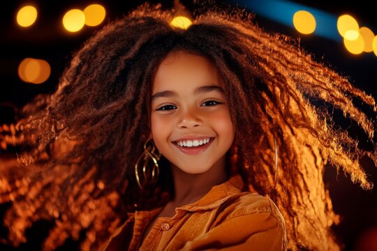 A young dancer twirling on stage with a radiant smile, their energy and excitement palpable as the audience claps in sync