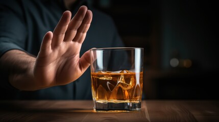 man refuses say no and avoid to drink an alcohol whiskey , stopping hand sign male, alcoholism treatment, alcohol addiction, quit booze, Stop Drinking Alcohol. Refuse Glass liquor, unhealthy, reject