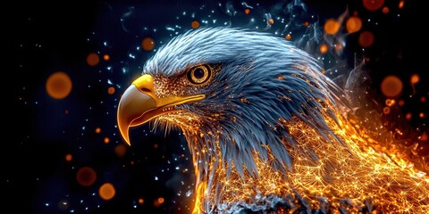 Close up of an eagle with a fire burning in its feathers