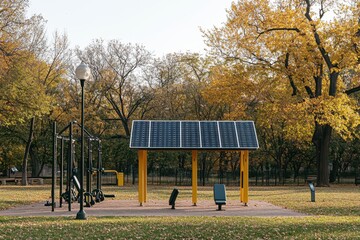 Obraz premium Outdoor fitness area features solar panels surrounded by autumn trees