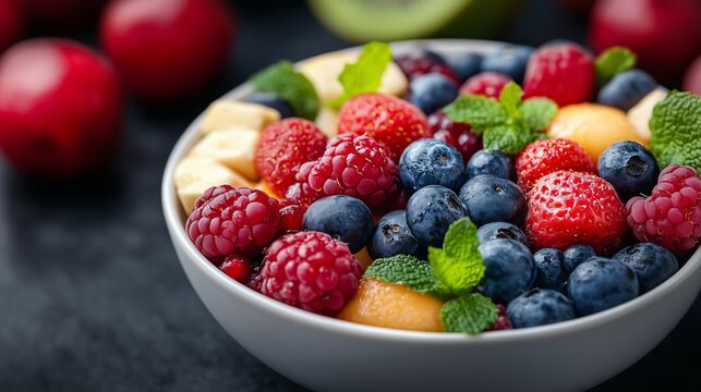 Vibrant Healthy Fruit Bowl with Assorted Berries and Mint