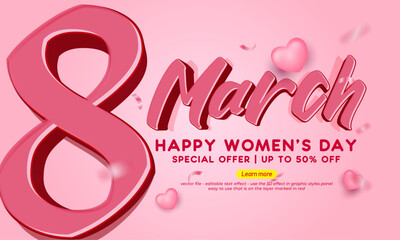 March 8 Women's Day sale vector banner on pink background. greeting card, poster, banner, sale design