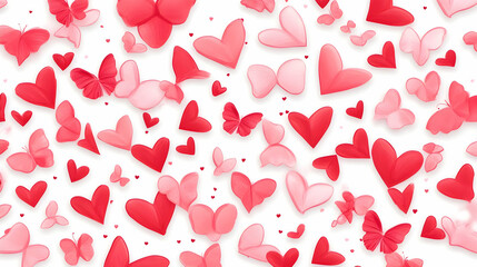 Pink and Red Hearts and Butterflies Pattern Decorates a White Background Seamlessly